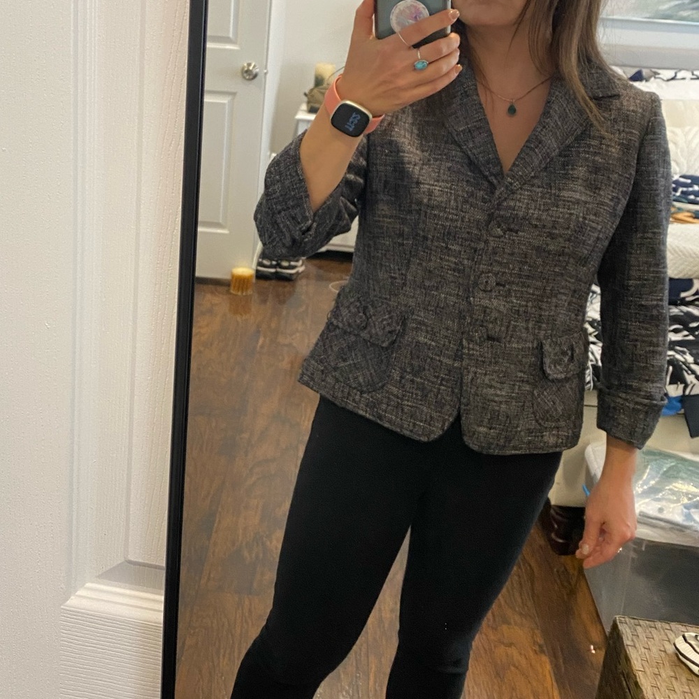 Ann Taylor Petite black & white tweed jacket with 3/4 sleeves.